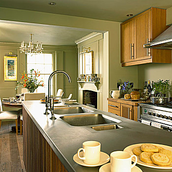 家,风格,厨房,淡色调,绿色,墙壁,木质,柜子,壁炉,就餐区