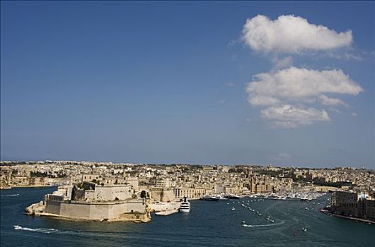 马耳他,瓦莱塔市,风景,格兰德港,堡垒,船坞,溪流,后面