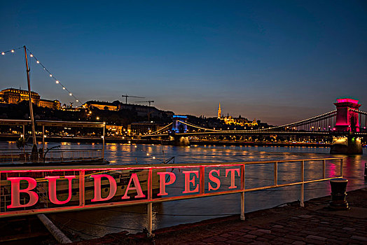 光亮,布达佩斯,标识,多瑙河,链索桥,暮光,匈牙利,欧洲