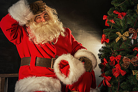 圣诞老人,礼物,圣诞节,坐,靠近,圣诞树,放松,疲倦