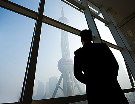 上海,十一月,商务人士,站立,正面,窗户,珍珠,塔,中国,一个,上面,魅力