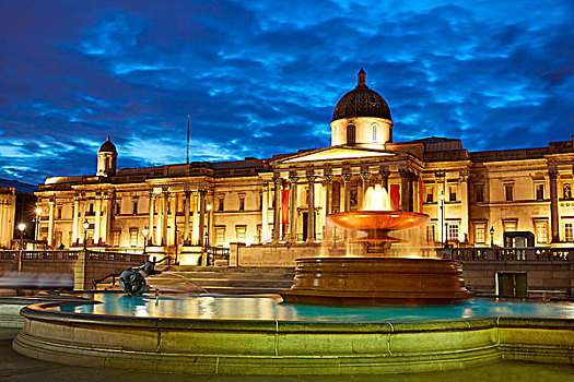 伦敦,特拉法尔加广场,喷泉,日落,英格兰