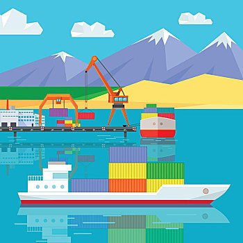 船,全球,仓库,递送,物流,货箱,运输,分配,局部,世界,水,海洋,装卸,盒子,矢量,插画
