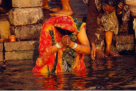 女人,祈祷,瓦腊纳西,北方邦,印度