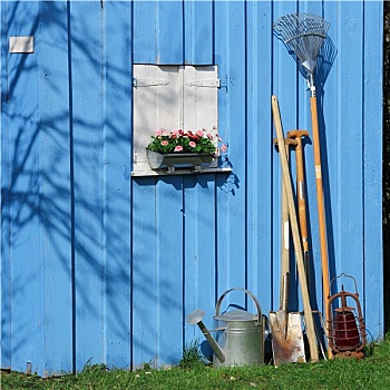 蓝色,小屋,园艺工具