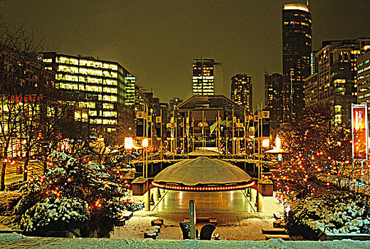 广场,雪中,夜晚,温哥华,不列颠哥伦比亚省,加拿大