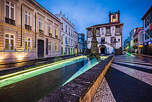 葡萄牙,亚速尔群岛,岛屿,市政厅,晚间