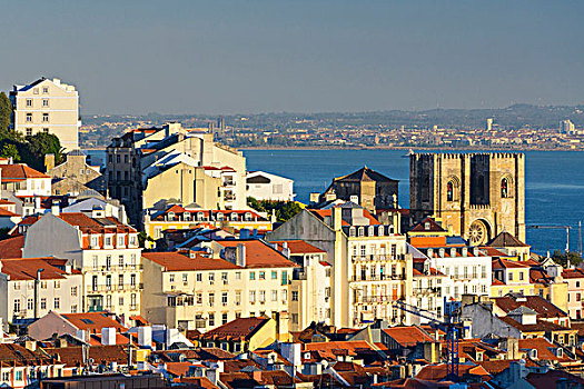 俯视图,屋顶,古建筑,阿尔法马区,地区,里斯本,大教堂,塔霍河,葡萄牙