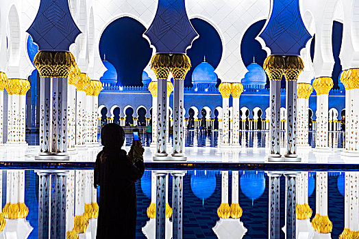 蓝色,白色,清真寺,黄昏,阿布扎比,阿联酋