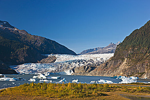 棉田豪冰河,溢出,山,湖,蓝天,靠近,朱诺,阿拉斯加,美国