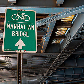 自行车道,路标,曼哈顿大桥,曼哈顿,纽约,美国