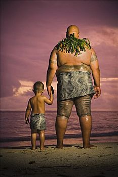 父子,海滩,乌波卢岛,萨摩亚群岛