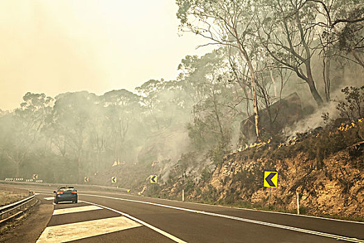 灌丛火灾,公路,新南威尔士,澳大利亚