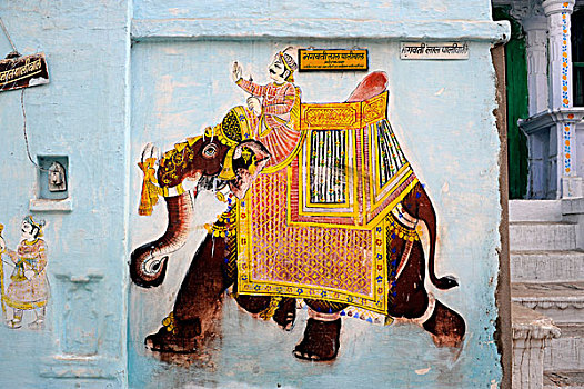 壁画,装饰,骑乘,乌代浦尔,拉贾斯坦邦,北印度,印度,南亚,亚洲