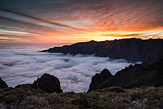 日落,顶峰,火山口,边缘,高度,国家公园,帕尔玛,加纳利群岛,西班牙,欧洲