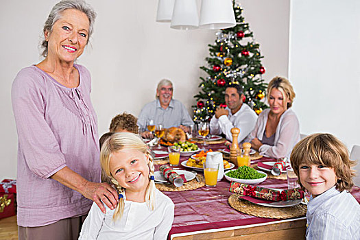 微笑,祖母,孙女,站立,旁侧,餐桌,圣诞节