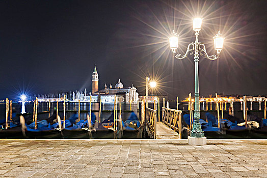 小船,码头,灯柱,圣乔治奥,马焦雷湖,教堂,威尼斯,威尼托,意大利