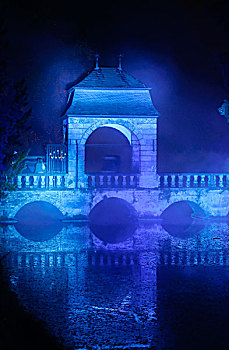 蓝色,泛光灯照明,桥,城堡,诺伊斯,北莱茵威斯特伐利亚,德国,欧洲