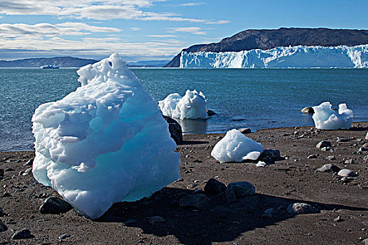 格陵兰,伊路利萨特,冰山,冰河,海滨,退潮,砾石滩,迪斯科湾,夏天,下午