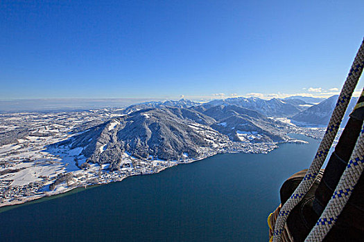 热气球,高处,冬季风景,泰根湖,巴伐利亚,德国,航拍