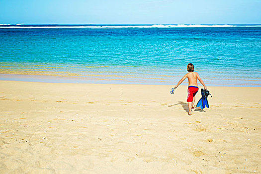 男孩,室外,海洋,海滩,呼吸管,考艾岛,夏威夷,美国