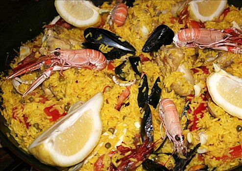 西班牙,传统食品,拌饭,米饭,海鲜,虾,贻贝,大螯虾,柠檬