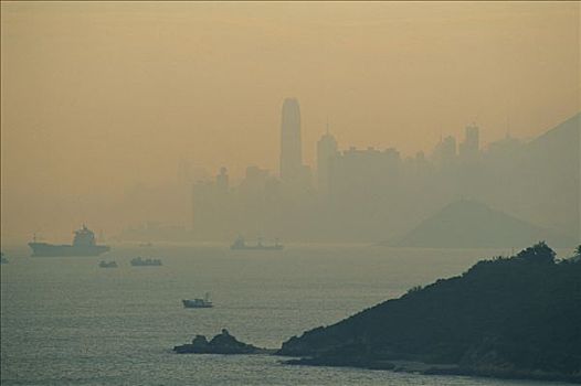 中国,香港,城市天际线,大屿山,黎明