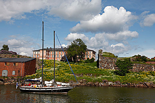 芬兰,赫尔辛基,芬兰堡,岛屿,港口,游艇,古建筑,要塞,墙壁,背景