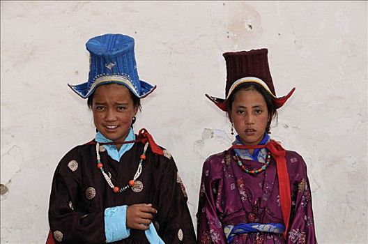 拉达克地区,女人,戴着,传统服装,天鹅绒,头饰,北印度,喜马拉雅山,亚洲