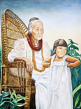 肖像,夏威夷,女孩,站立,靠近,祖母,坐,椅子,油画