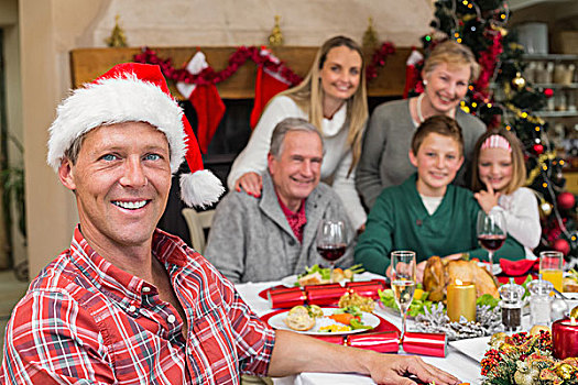 微笑,父亲,圣诞帽,姿势,正面,家庭