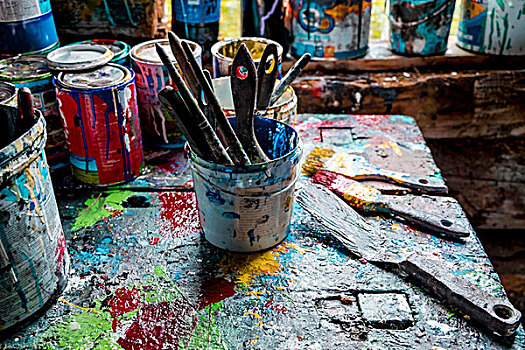粉刷,罐,颜料,工作间,桌子