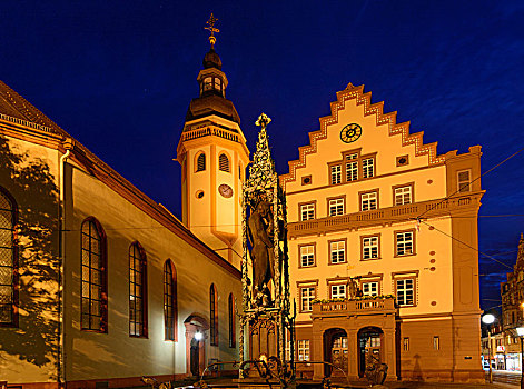 卡尔斯鲁厄,地区,教堂,市政厅,喜爱,喷泉,巴登符腾堡,德国