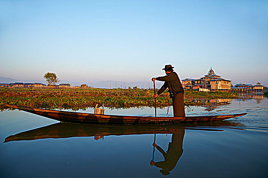 渔民,船,茵莱湖,缅甸,亚洲