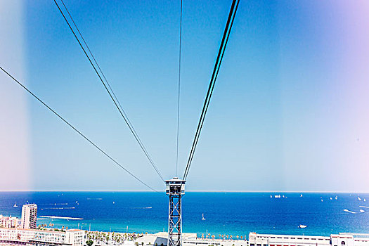 缆车,风景,蓝天,海洋,巴塞罗那,西班牙
