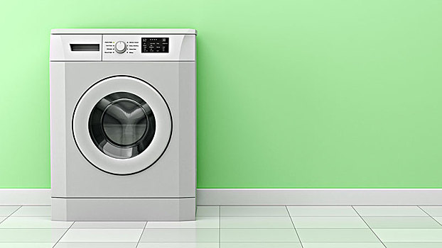 现代,洗衣机,正面,绿色,墙壁,插画