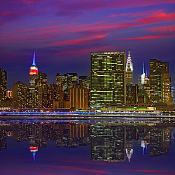曼哈顿,纽约,天际线,日落,黃昏,东河,美国