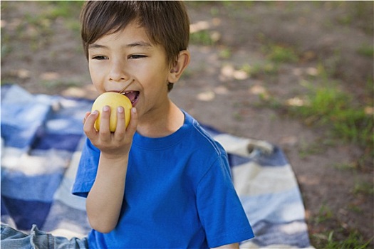 可爱,男孩,吃,水果,公园