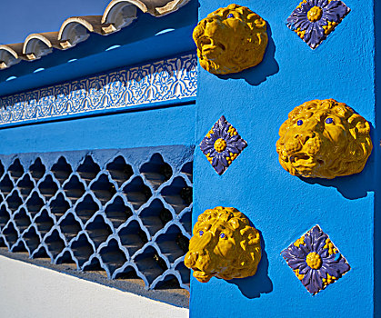 地中海,建筑,蓝色,黄色,狮子,砖瓦,陶瓷,格子