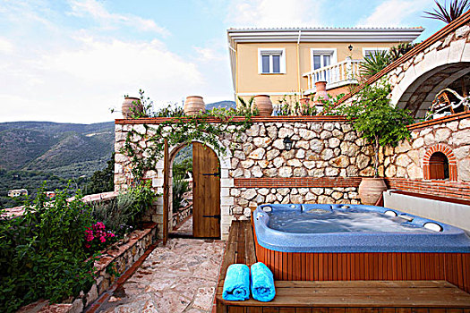 波浪式浴盆,花园,平台,别墅,利富卡达岛,希腊