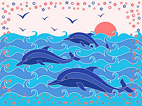 三个,海豚,海中,波浪