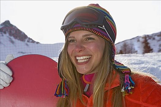 女孩,滑雪,微笑,滑雪板