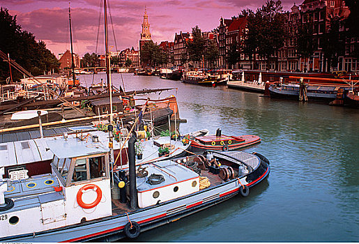船,港口,日落,阿姆斯特丹,荷兰