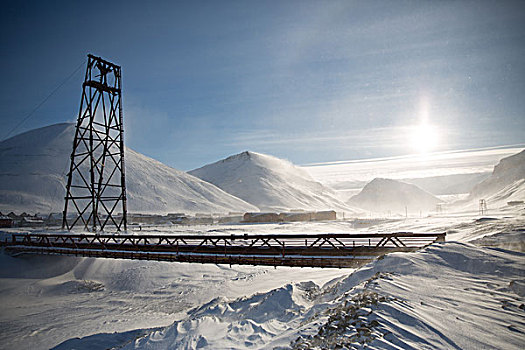 桥,雪景,朗伊尔城,斯瓦尔巴特群岛,挪威