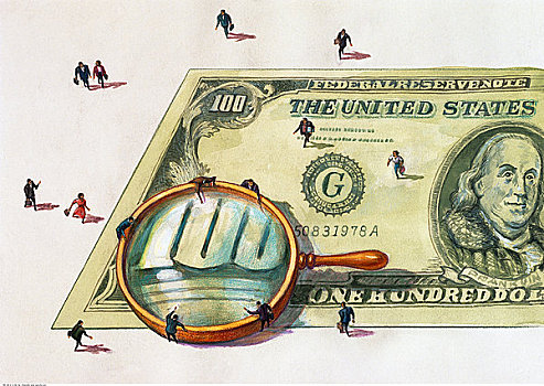 插画,商务人士,看,美洲,100美元,钞票,放大镜