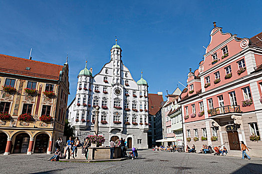 市场,建筑,左边,城镇,中心,喷泉,迈明根,巴伐利亚,德国,欧洲