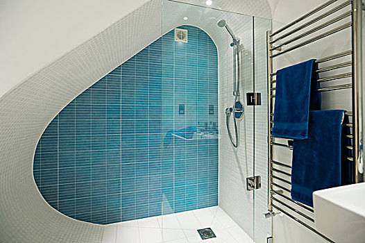 设计师,淋浴,小间,阁楼,蓝色,墙,砖瓦,不锈钢,毛巾架