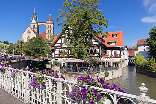 风景,上方,水道,教堂,埃斯林根,内卡河,巴登符腾堡,德国