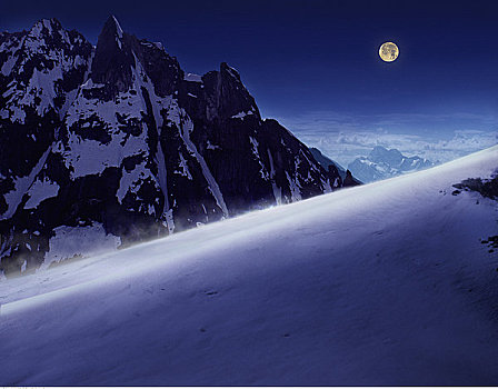 山,积雪,斜坡,满月,阿拉斯加,美国