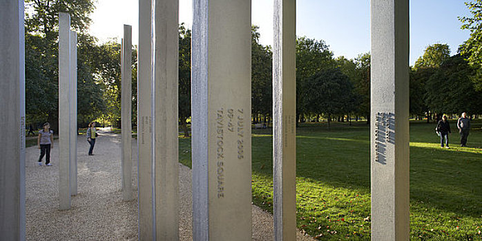 七月,纪念,海德公园,伦敦,英国,2009年,特写,展示,文字,雕刻,不锈钢,柱子,皇家,公园